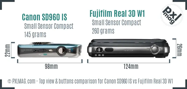 Canon SD960 IS vs Fujifilm Real 3D W1 top view buttons comparison