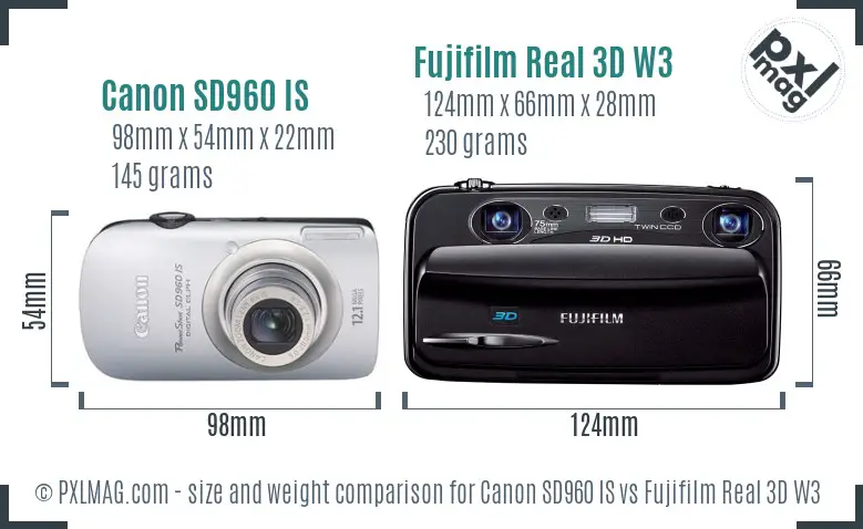 Canon SD960 IS vs Fujifilm Real 3D W3 size comparison