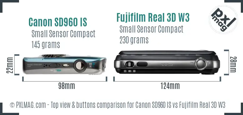 Canon SD960 IS vs Fujifilm Real 3D W3 top view buttons comparison