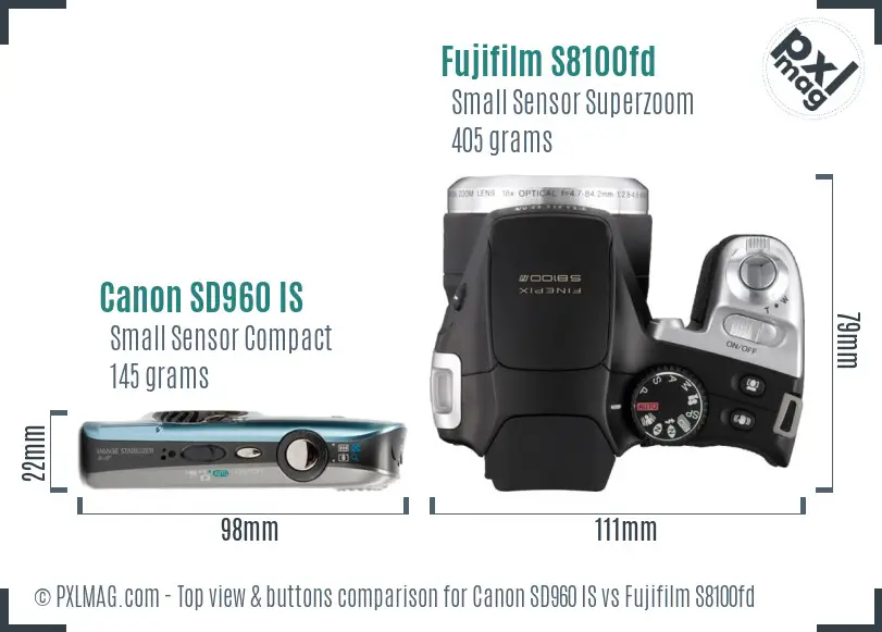 Canon SD960 IS vs Fujifilm S8100fd top view buttons comparison Canon SD960 IS vs Fujifilm S8100fd top view buttons comparison