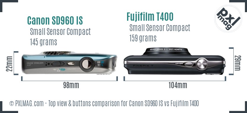 Canon SD960 IS vs Fujifilm T400 top view buttons comparison