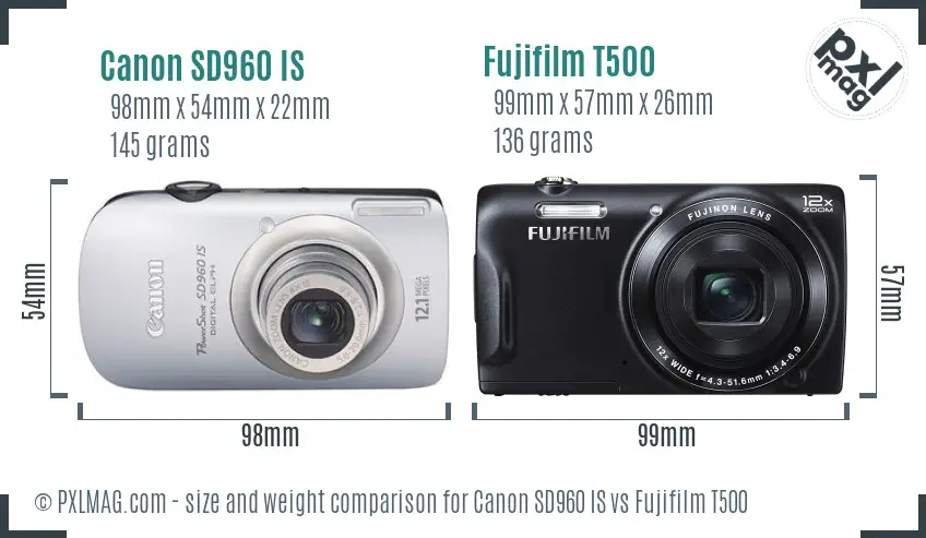 Canon SD960 IS vs Fujifilm T500 size comparison