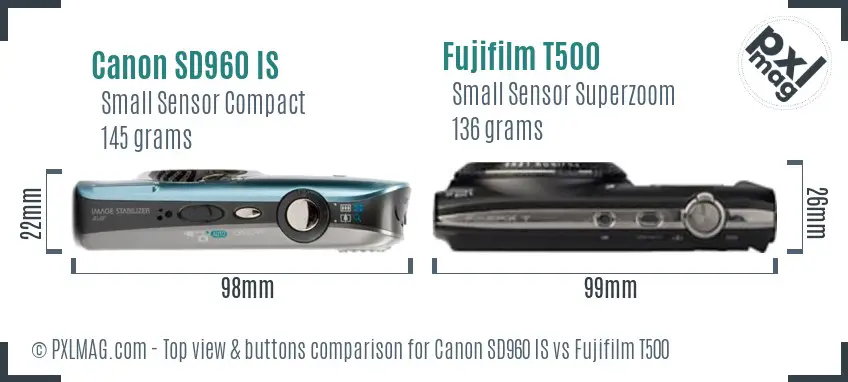 Canon SD960 IS vs Fujifilm T500 top view buttons comparison