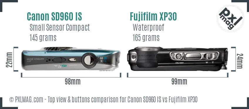 Canon SD960 IS vs Fujifilm XP30 top view buttons comparison