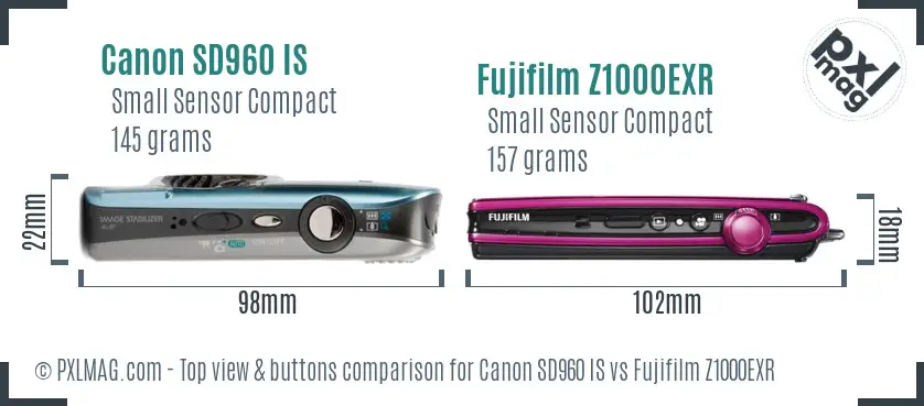 Canon SD960 IS vs Fujifilm Z1000EXR top view buttons comparison