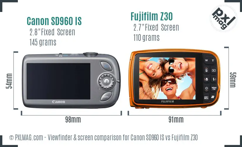 Canon SD960 IS vs Fujifilm Z30 Screen and Viewfinder comparison