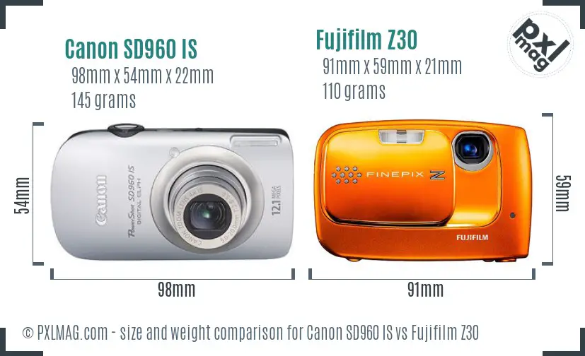 Canon SD960 IS vs Fujifilm Z30 size comparison