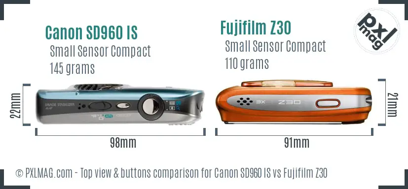 Canon SD960 IS vs Fujifilm Z30 top view buttons comparison
