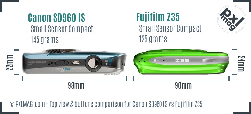 Canon SD960 IS vs Fujifilm Z35 top view buttons comparison