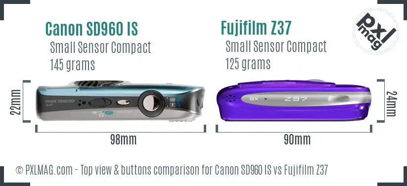 Canon SD960 IS vs Fujifilm Z37 top view buttons comparison