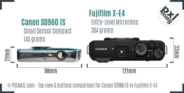 Canon SD960 IS vs Fujifilm X-E4 top view buttons comparison