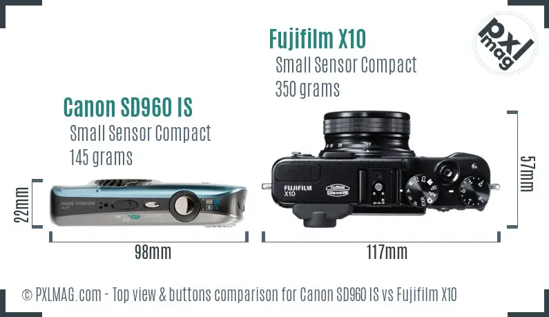 Canon SD960 IS vs Fujifilm X10 top view buttons comparison