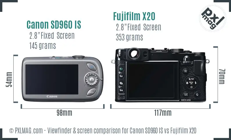 Canon SD960 IS vs Fujifilm X20 Screen and Viewfinder comparison