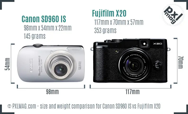 Canon SD960 IS vs Fujifilm X20 size comparison