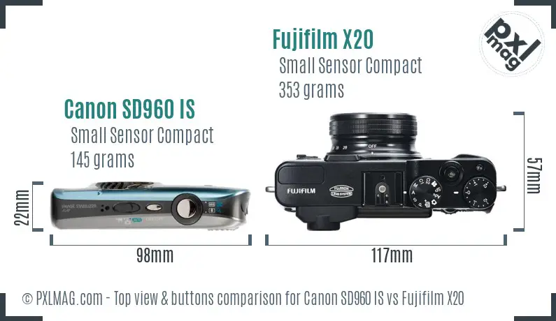 Canon SD960 IS vs Fujifilm X20 top view buttons comparison