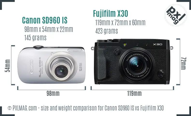 Canon SD960 IS vs Fujifilm X30 size comparison