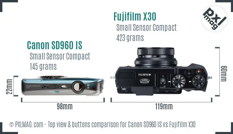 Canon SD960 IS vs Fujifilm X30 top view buttons comparison