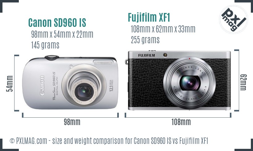 Canon SD960 IS vs Fujifilm XF1 size comparison