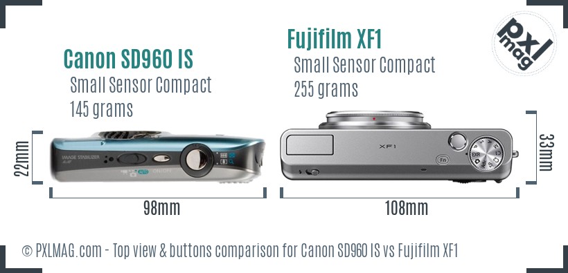 Canon SD960 IS vs Fujifilm XF1 top view buttons comparison