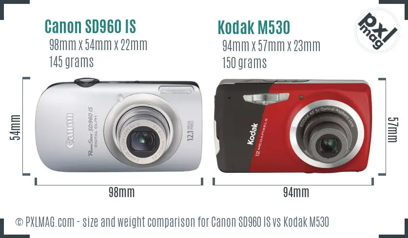 Canon SD960 IS vs Kodak M530 size comparison