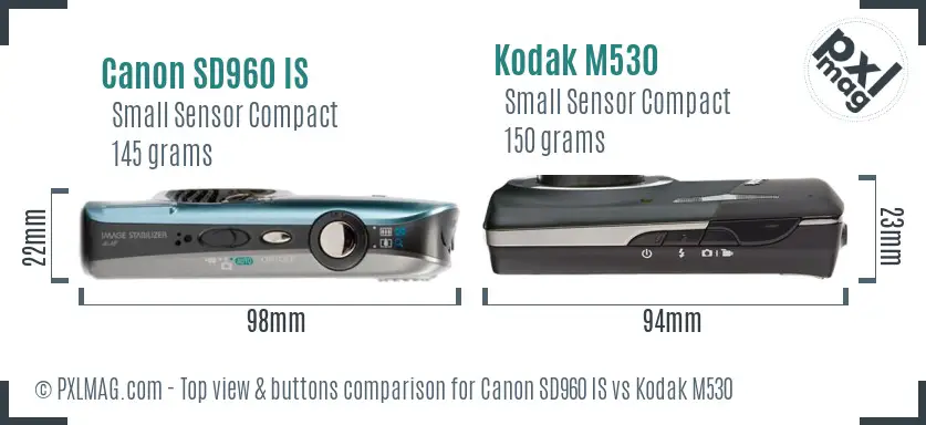 Canon SD960 IS vs Kodak M530 top view buttons comparison