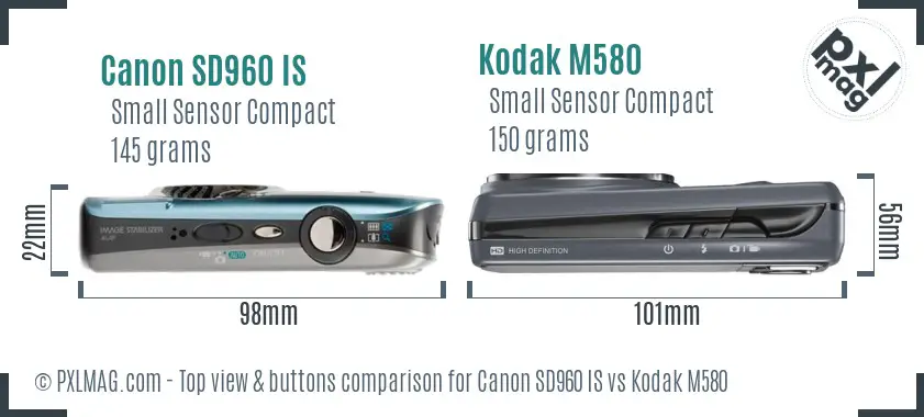 Canon SD960 IS vs Kodak M580 top view buttons comparison