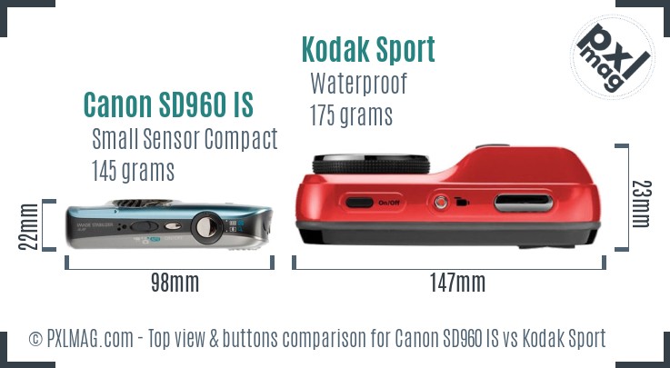 Canon SD960 IS vs Kodak Sport top view buttons comparison