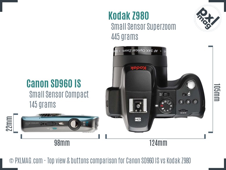 Canon SD960 IS vs Kodak Z980 top view buttons comparison