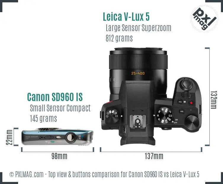 Canon SD960 IS vs Leica V-Lux 5 top view buttons comparison