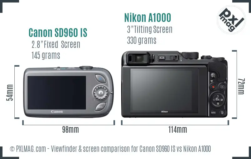 Canon SD960 IS vs Nikon A1000 Screen and Viewfinder comparison