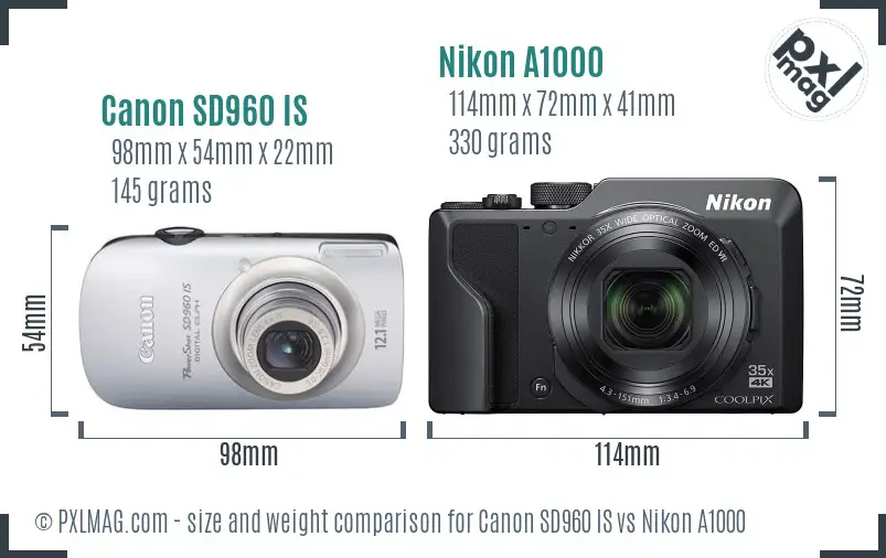 Canon SD960 IS vs Nikon A1000 size comparison