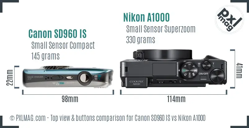 Canon SD960 IS vs Nikon A1000 top view buttons comparison