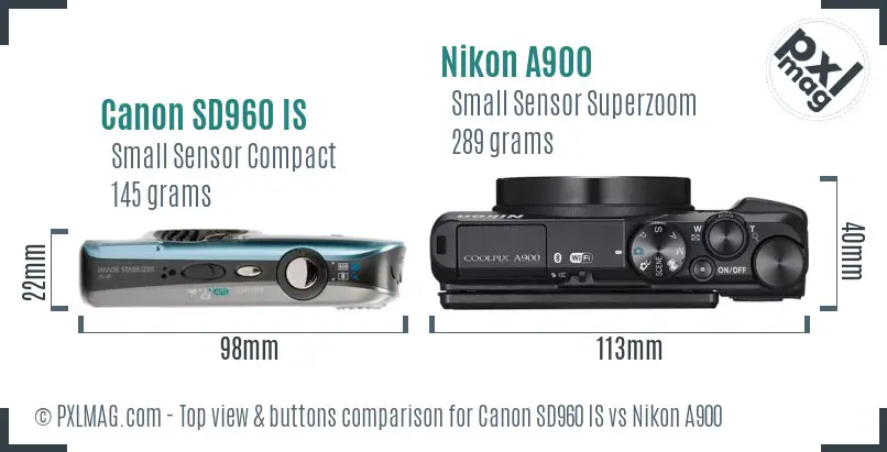 Canon SD960 IS vs Nikon A900 top view buttons comparison