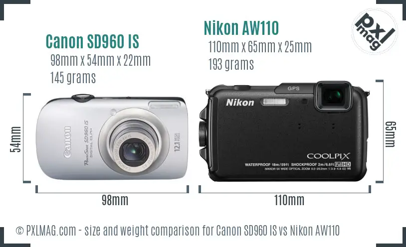 Canon SD960 IS vs Nikon AW110 size comparison Canon SD960 IS vs Nikon AW110 size comparison