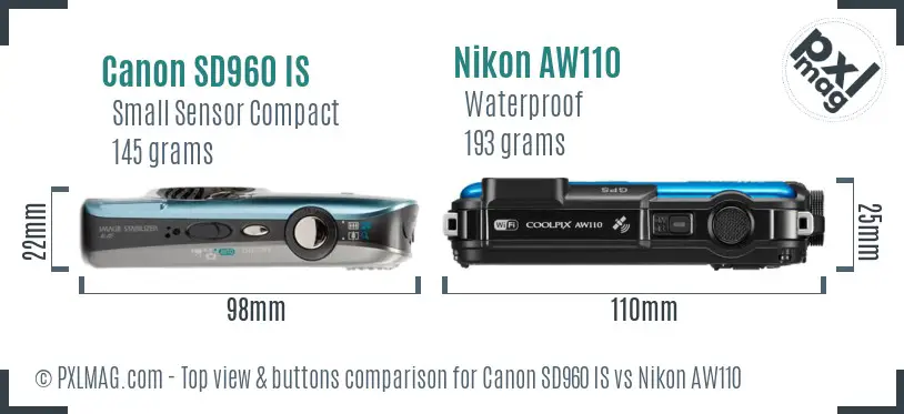 Canon SD960 IS vs Nikon AW110 top view buttons comparison Canon SD960 IS vs Nikon AW110 top view buttons comparison