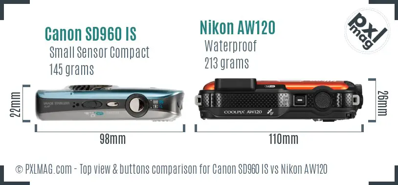 Canon SD960 IS vs Nikon AW120 top view buttons comparison
