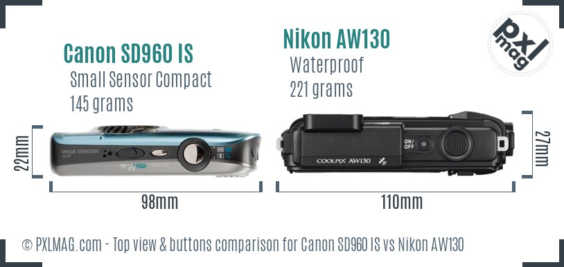 Canon SD960 IS vs Nikon AW130 top view buttons comparison