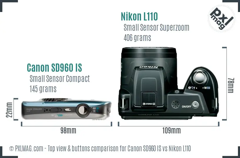 Canon SD960 IS vs Nikon L110 top view buttons comparison Canon SD960 IS vs Nikon L110 top view buttons comparison