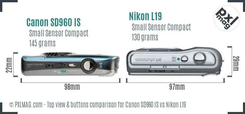 Canon SD960 IS vs Nikon L19 top view buttons comparison