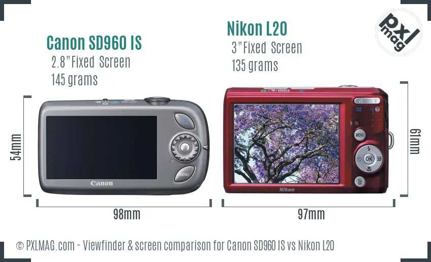 Canon SD960 IS vs Nikon L20 Screen and Viewfinder comparison