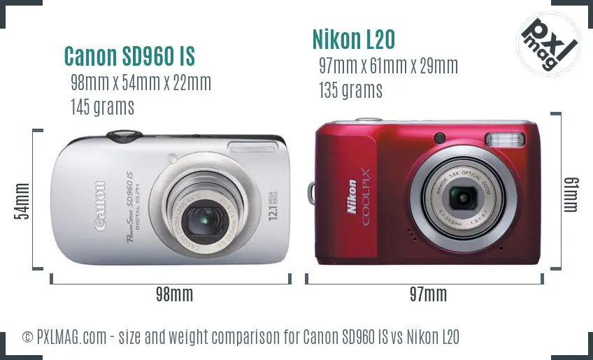 Canon SD960 IS vs Nikon L20 size comparison