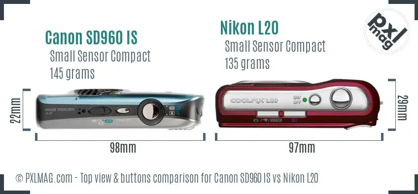 Canon SD960 IS vs Nikon L20 top view buttons comparison