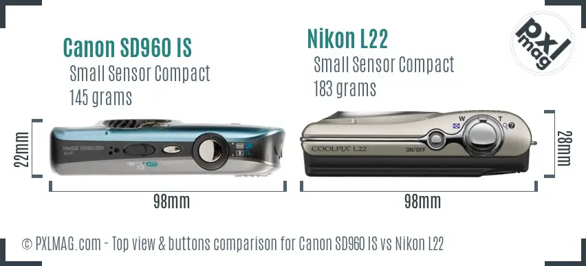 Canon SD960 IS vs Nikon L22 top view buttons comparison Canon SD960 IS vs Nikon L22 top view buttons comparison