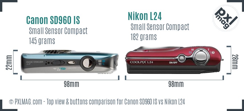 Canon SD960 IS vs Nikon L24 top view buttons comparison