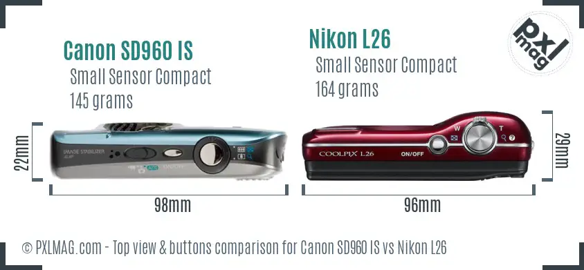 Canon SD960 IS vs Nikon L26 top view buttons comparison