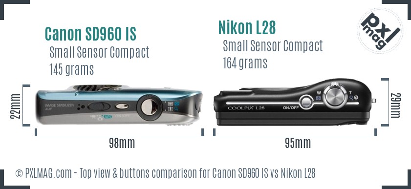 Canon SD960 IS vs Nikon L28 top view buttons comparison