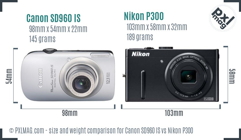 Canon SD960 IS vs Nikon P300 size comparison