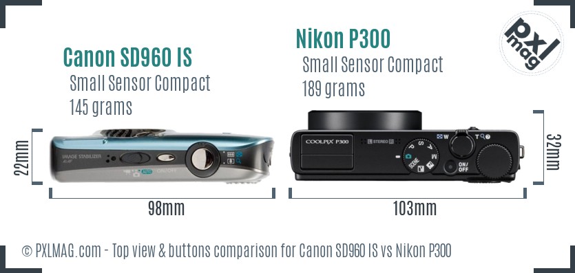 Canon SD960 IS vs Nikon P300 top view buttons comparison