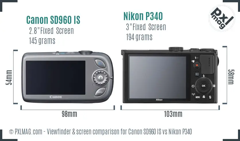 Canon SD960 IS vs Nikon P340 Screen and Viewfinder comparison
