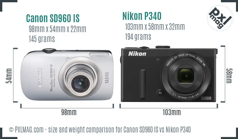 Canon SD960 IS vs Nikon P340 size comparison